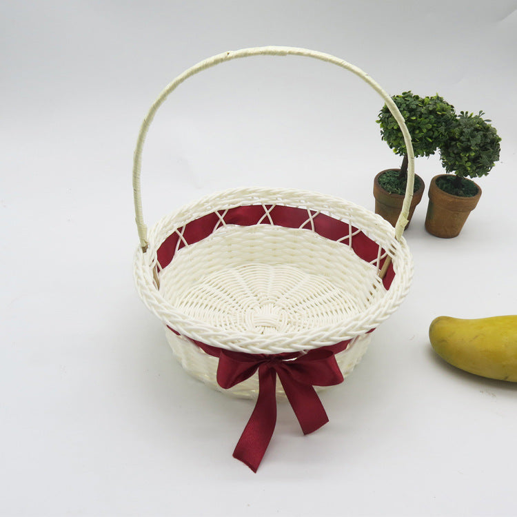 PP Woven Round Gift Basket with Handle and Decorative Ribbon