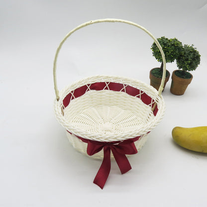 PP Woven Round Gift Basket with Handle and Decorative Ribbon