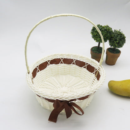 PP Woven Round Gift Basket with Handle and Decorative Ribbon