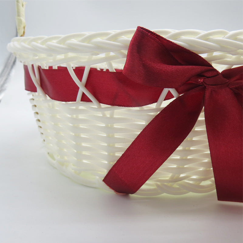 PP Woven Round Gift Basket with Handle and Decorative Ribbon