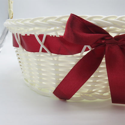 PP Woven Round Gift Basket with Handle and Decorative Ribbon