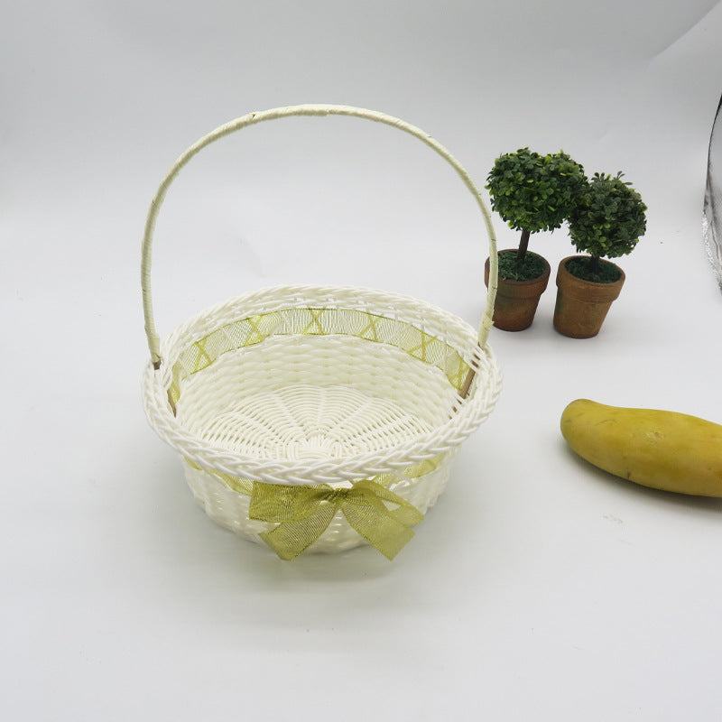 PP Woven Round Basket with Handle and Ribbon Decoration