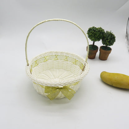 PP Woven Round Basket with Handle and Ribbon Decoration