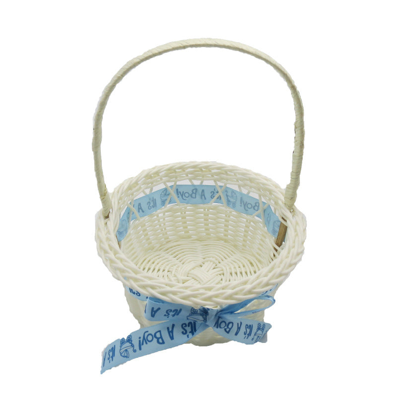 PP Woven Round Basket with Handle and Ribbon Decoration