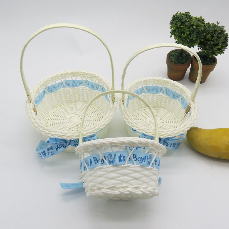 PP Woven Round Basket with Handle and Ribbon Decoration