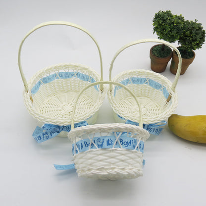 PP Woven Round Basket with Handle and Ribbon Decoration
