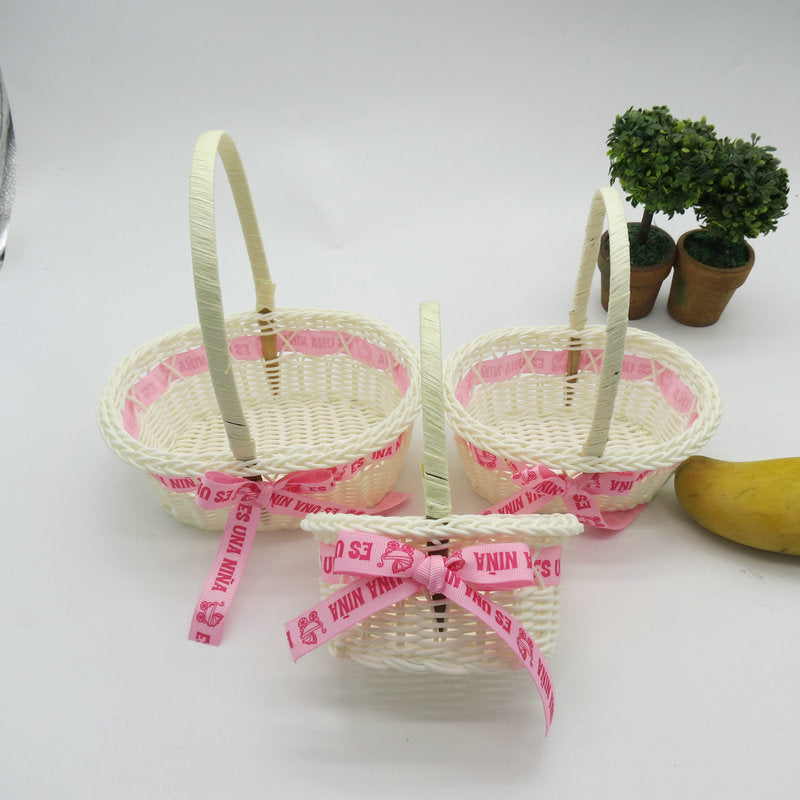 PP Woven Round Basket with Handle and Ribbon Decoration