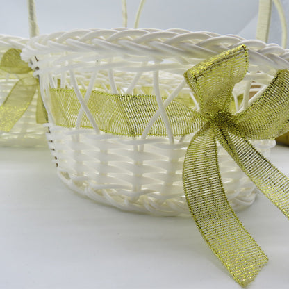 PP Woven Round Basket with Handle and Ribbon Decoration