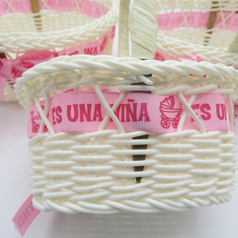 PP Woven Round Basket with Handle and Ribbon Decoration