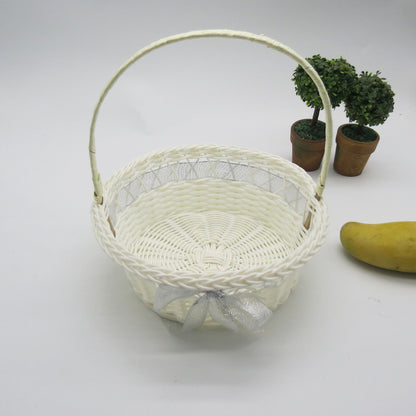 PP Woven Round Basket with Handle and Ribbon Decoration