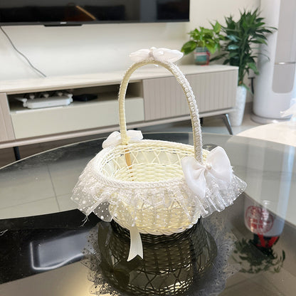 PP Woven Gift Basket with Lace and Bow, Decorative Storage Tote