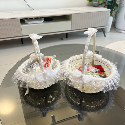PP Woven Gift Basket with Lace and Bow, Decorative Storage Tote