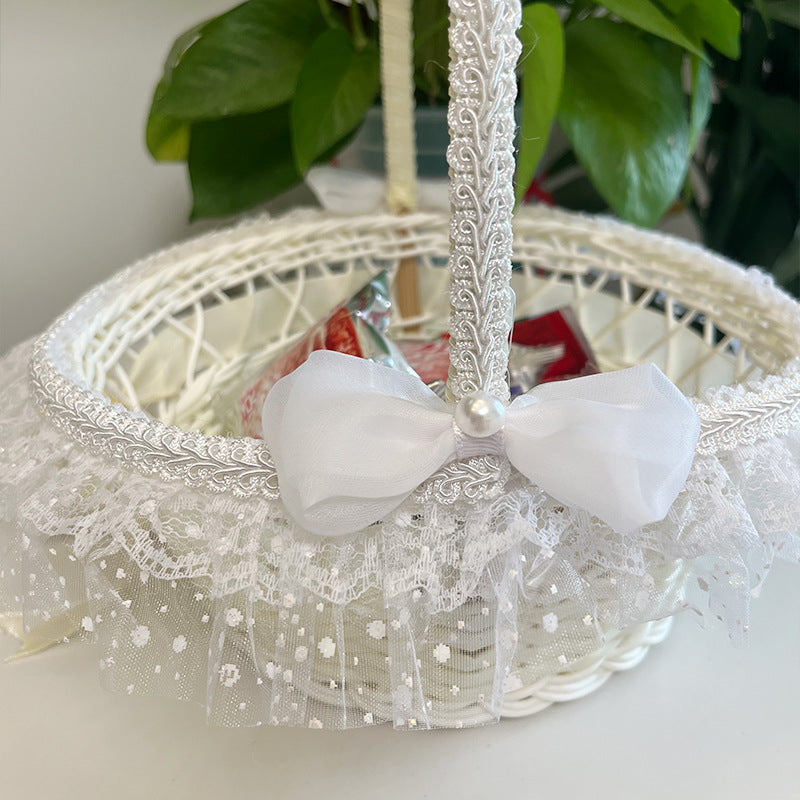 PP Woven Gift Basket with Lace and Bow, Decorative Storage Tote