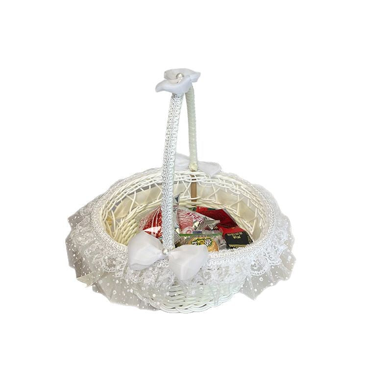 PP Woven Gift Basket with Lace and Bow, Decorative Storage Tote